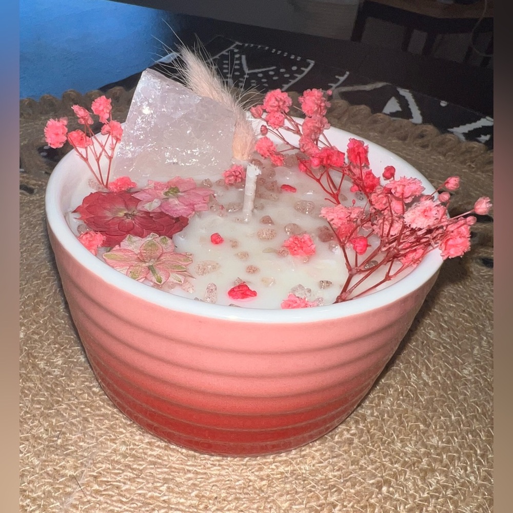 Pink Candle with Floral and Crystal Accents